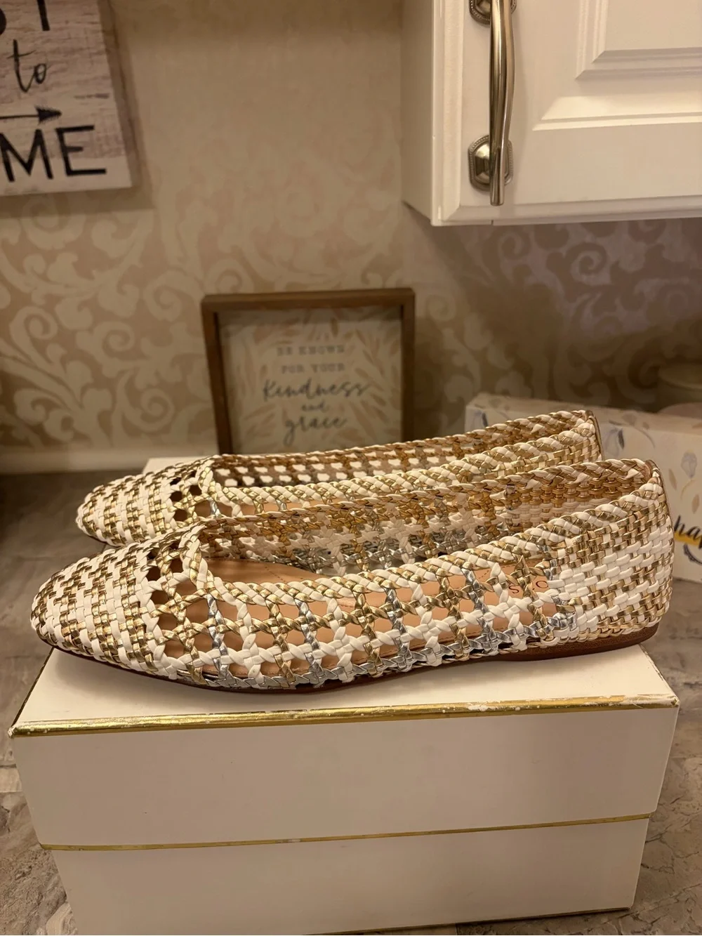 Talbots Woven Ballet Flats in White and Gold Metallic
